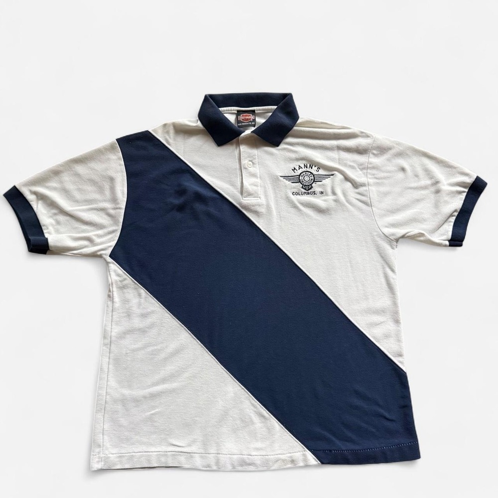 Vintage Harley Davidson white/navy blue diagonal stripe polo shirt size XL